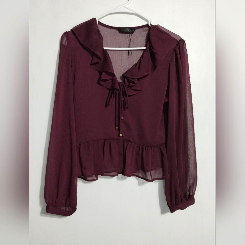 Zara Deep Burgundy Ruffle Transparent Blouse Size (XS)